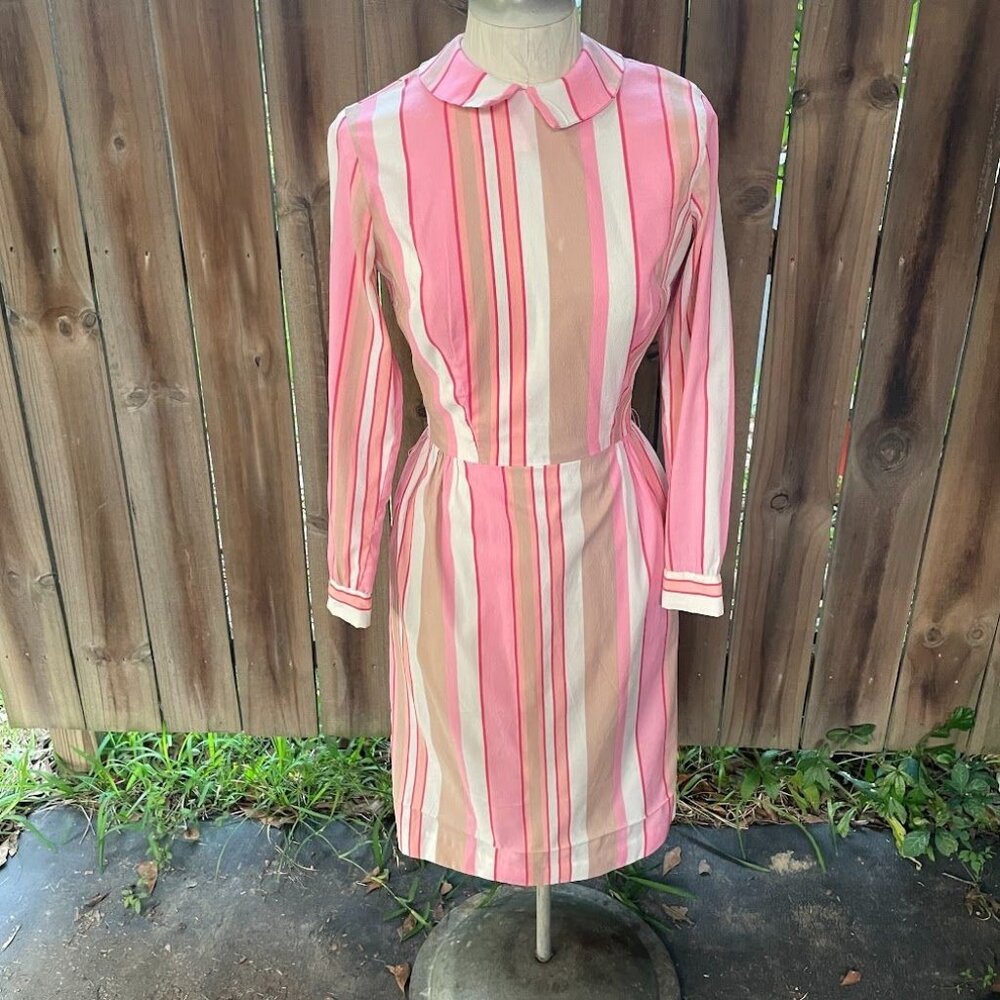 Vintage  60s WHIPPED CREAM Neopolitan Stripe MODEST Midi Dress Xs 36-25-41